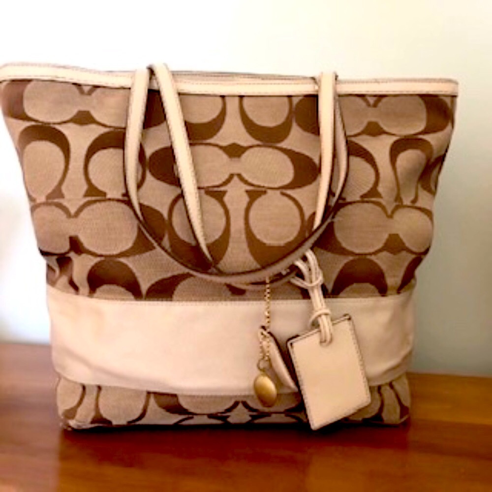 Authentic Coach Tote Bag, Brown & Khaki with Cream Leather Trim, No. D06K-10125